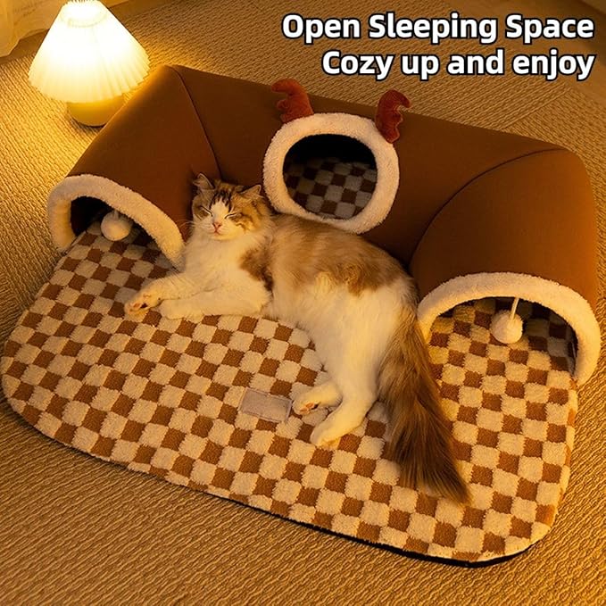 Cat Tunnel Bed Indoor,Cat Peekaboo Cave Bed for Multiple Cats,Kitty Tube with Balls Toys,Removable Small Dog House Washable,Small Animal Tunnel for Kitty,Bunny (Brown,X-Large)