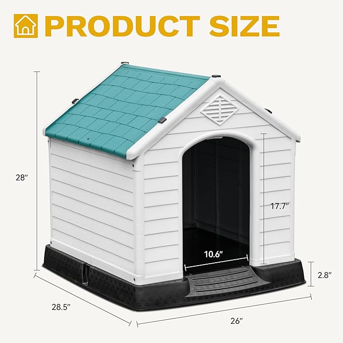 DWVO Robust Weatherproof Dog House, Indoor & Outdoor Safe Haven for Small to Medium Dogs, Easy Assembly & Cleaning (28.5''L*26''W*28''H, Blue)