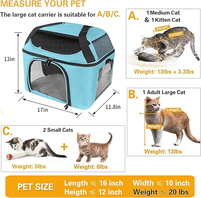 Large Cat Carrier for 2 Cats, Oeko-TEX Certified Soft Side Pet Carrier for Dog, Collapsible Travel Small Dog Carrier, TSA Airline Approved Cat Carrier for Large Cats 20 lbs (Blue)