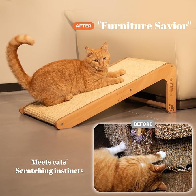 Sisal Cat Scratcher Ramp for Indoor Cats, 24.8" L Shape Scratching Post Climbing Vertical Cat Scratch Pad, Solid Wooden Cat Furniture(Medium)