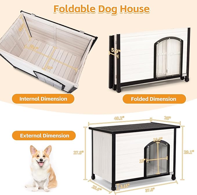 Petsfit 40.2" Dog House Outdoor, Unfold to Use, Folding Dog House Outdoor, No Tools Required Assembly, Outside Dog House with Durable Asphalt Roof (Medium, White)