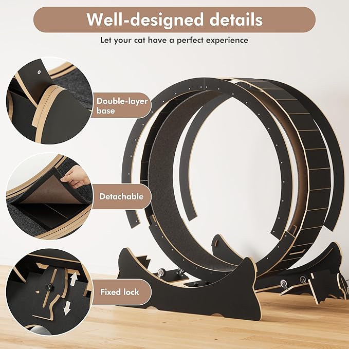 Cat Exercise Wheel, 43.3 inch Cat Wheel for Indoor Cats with Carpeted Runway, XL Cat Treadmill with Removable Carpet and Cat Teaser, for Running Walking Training (Black)