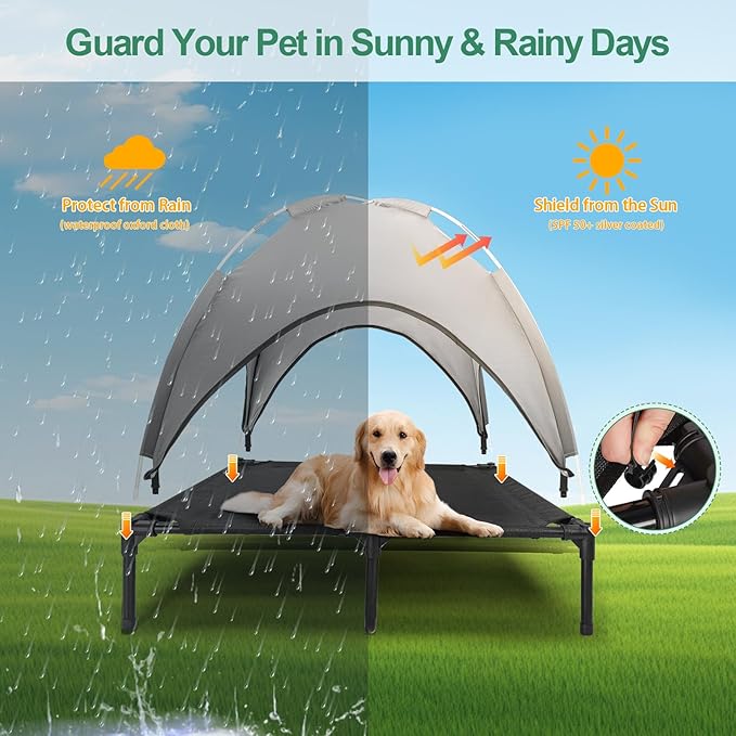 Elevated Outdoor Dog Bed with Canopy, Raised Dog Cot with Shade, Waterproof Dog Tent for Medium Large Dogs Portable Cooling Pet Bed with Breathable Mesh for Camping Beach, XL