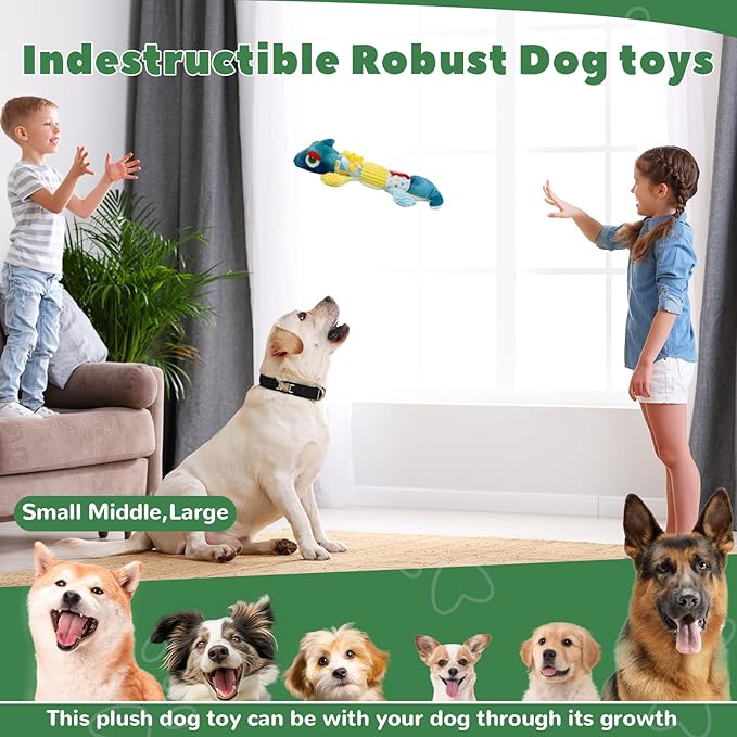 Crinkle Dog Toys Squeaky Plush No Stuffing Cute Puppy Stuffless Tough Rop Pull Toy, Fun Dog Stuffed Animals Durable Chew Set for Small Medium Large Pup (Large, Blue Chameleon)