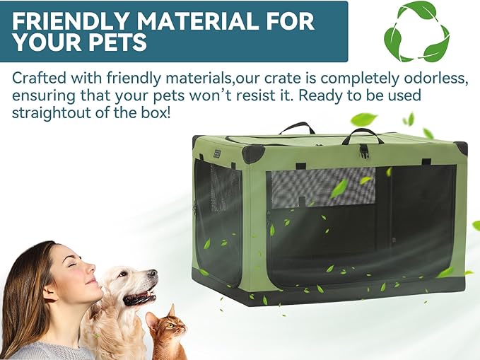 PETSFIT Collapsible Dog Crate, with Patented Adjustable Fabric Cover, Chewproof & Lockable Mesh Doors, Waterproof Base Soft Sided Kennel Green 40 Inch