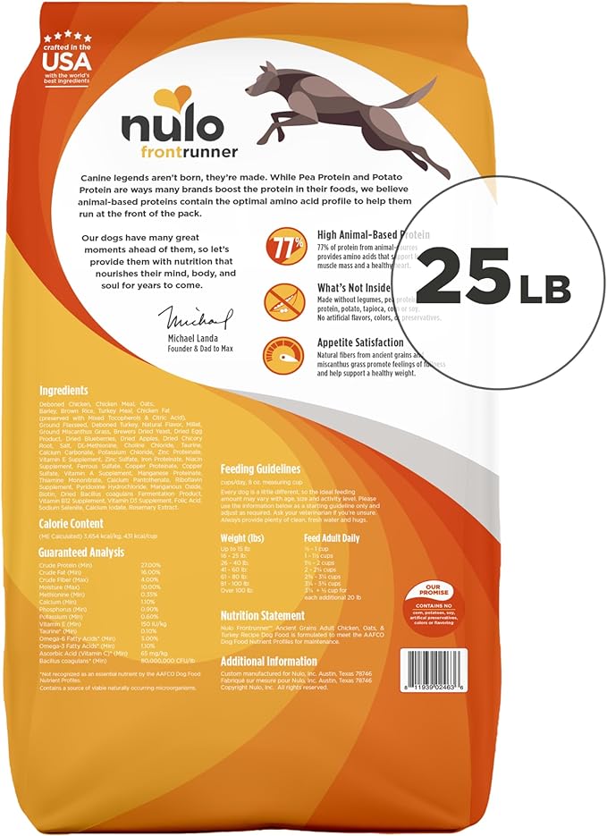 Nulo Frontrunner Ancient Grains High-Protein Dog Food, Chicken, Oats, & Turkey Recipe- Natural Dry Dog Food with Probiotics, Grain-Inclusive Kibble for Adult Dogs, 25 lb Bag