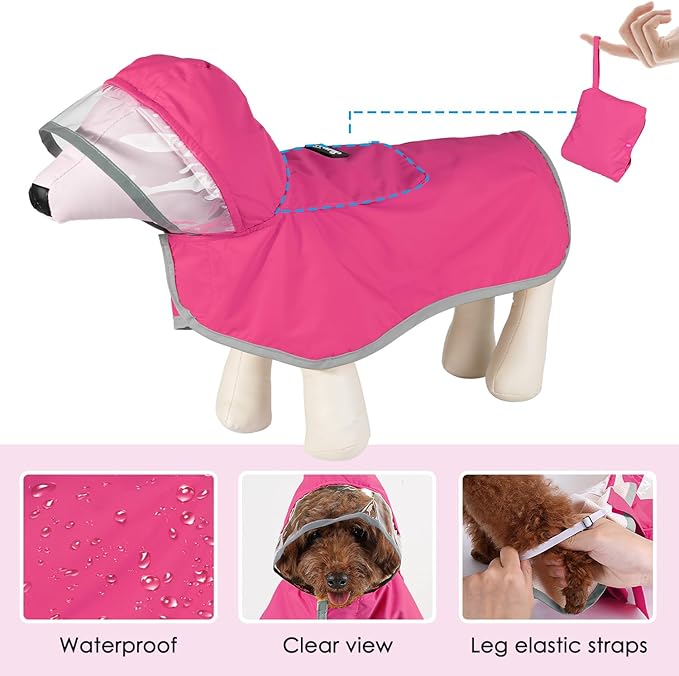 Lukovee Dog Raincoat, Adjustable Dog Rain Jacket with Clear Hooded Double Layer for Large Medium Small Dogs Puppies, Waterproof Rain Coat Poncho with Reflective Storage Pocket & Rim (Fuchsia, S)