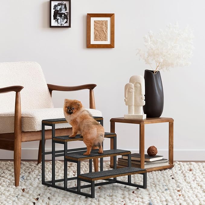 Dog Stairs for Small Dogs, 4 Steps Pet Stairs for High Bed and Couch Sofa, Non-Slip Dog Stairs for Small Dogs, Older or Injured Pet, Industrial Brown
