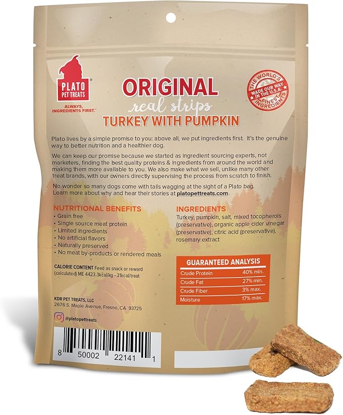 Plato Original Real Strips Turkey & Pumpkin Recipe 6oz, Natural (850002221411)