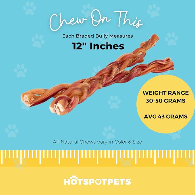 hotspot pets Braided Bully Sticks for Dogs - (12 Inch Stix- 5 Count) Premium All Natural Long Lasting Twisted Beef Pizzle Lasting Dog Chew Treats - Grain Free Fully Digestible Rawhide Alternative