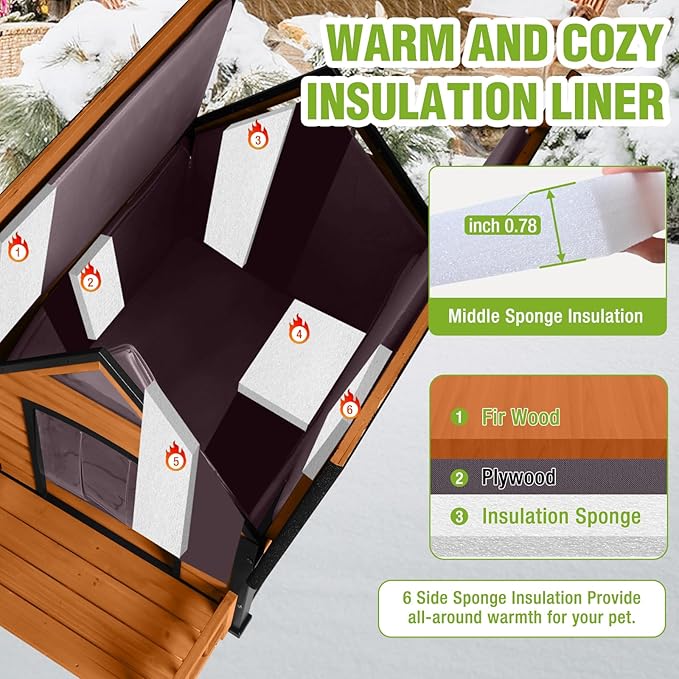 GUTINNEEN Outdoor Dog House Insulated Weatherproof Dog Kennel with Anti-Bite Metal Frame, Puppy Shelter with Insulated Liner and Porch for Small, Medium Large Dogs (Brown, 45’’ Medium)