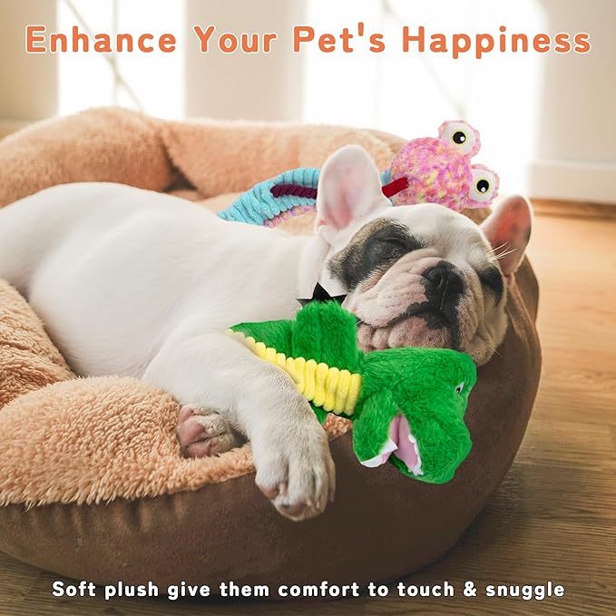 Crinkle Dog Toys Squeaky Plush No Stuffing Cute Puppy Stuffless Tough Rop Pull Toy, Fun Dog Stuffed Animals Durable Chew Set for Small Medium Large Pup (Large, Alligators+Snake)