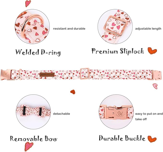 Elegant Little Tail Pink Heart Dog Collar, XL, Cotton, Unique Design, Hearts, Multiple Occasions, Large Dogs