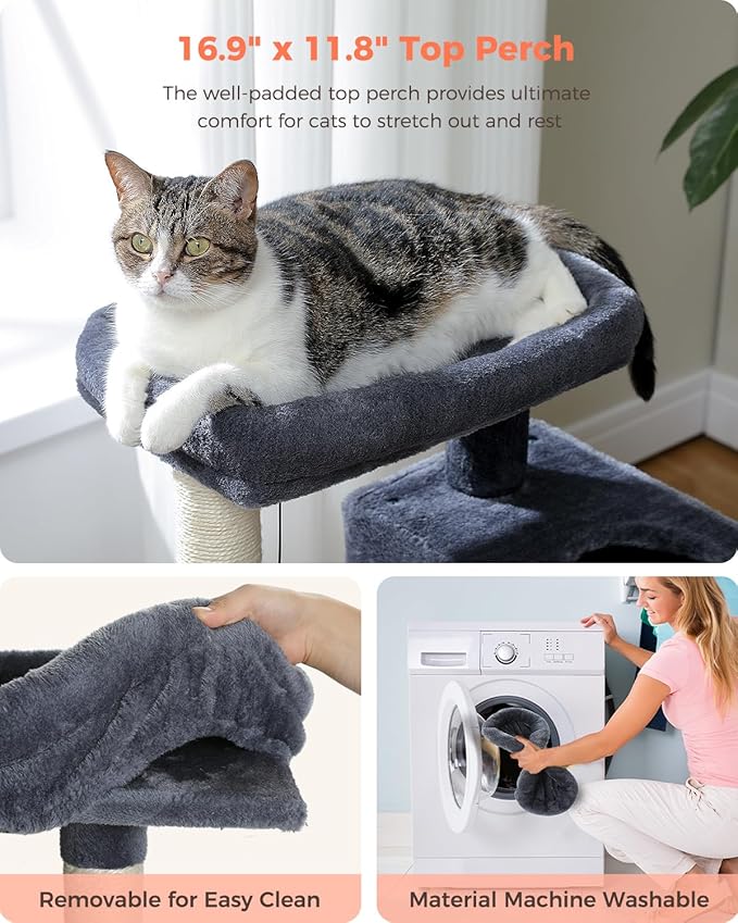 32" Cat Tree Tower for Indoor Cats - 2 Cozy Condos, Multi-Level Cat Scratching Posts with Sisal, Soft Padded Perch, 2 Dangling Toys, Dark Grey