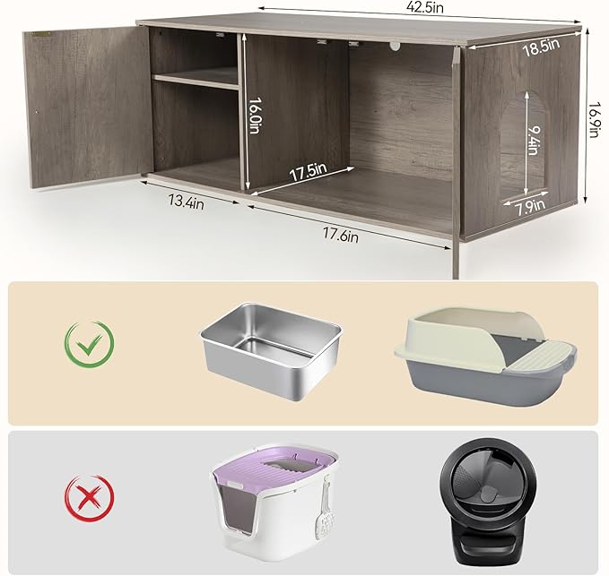 Wooden Cat Litter Box Enclosure with Storage Compartment with Adjustable Divider, Hidden Litter Box Furniture and Hall Table, Cat Box Enclosure, 42.5''L*18.5W*16.9H (Light Oak, Plain)