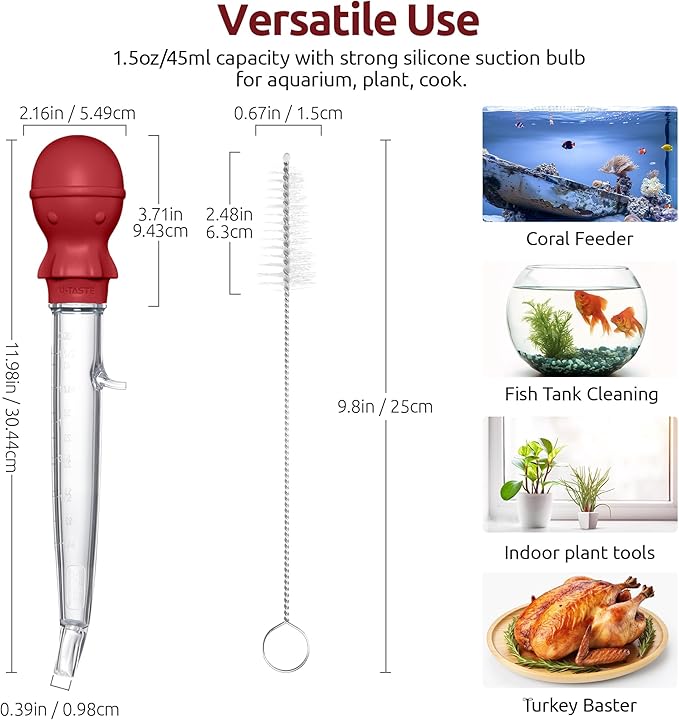 U-Taste Aquarium Pipette Cleaner: 1.5oz Coral Feeder for Fish Tank Cleaning, Manual Feeding Tube, Food Grade Siphon Dropper, Waste Remover with Strong Suction & Stand & Brush (11.98in, Red)