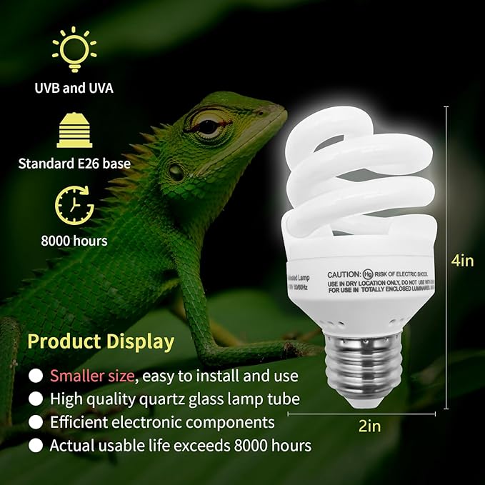 UVB Light Bulb for Reptiles, 9W 5.0 UVA UVB Heat Lamp Bulbs Ideal for Rainforest Reptiles, Bearded Dragons Lizard Turtle Tortoise Iguanas Chameleons Snake (1 Pack)