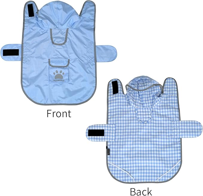 MAMORE Dog Raincoat Reversible,Waterproof Dog Rain Coat Hooded Slicker Poncho with Reflective Strip, Plaid Double Layer Rain Jacket for Small Medium Large Dogs (Light Blue, XX-Large)