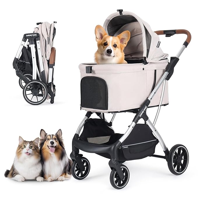 T5 Luxury Pet Stroller for Medium Dog Under 60lbs or 2 Small Dogs & Cats with 180 ̊Canopy, Sun Shades, Auto-Folding Stroller for Multiple Pets(Beige)