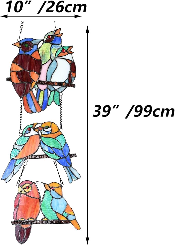 Bieye W10060 Tropical Birds Tiffany Style Stained Glass Window Panel with 3 Pieces Hanging Successively Within Chains, 10" W x 39" H