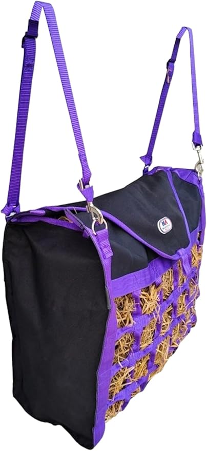 Majestic Ally Animal Health Hay Bag for Horses, 2.5" Holes, Top Load, Travel Feeder, Reduces Waste, 1 Year Warranty, Multiple Colors (Purple-Black)