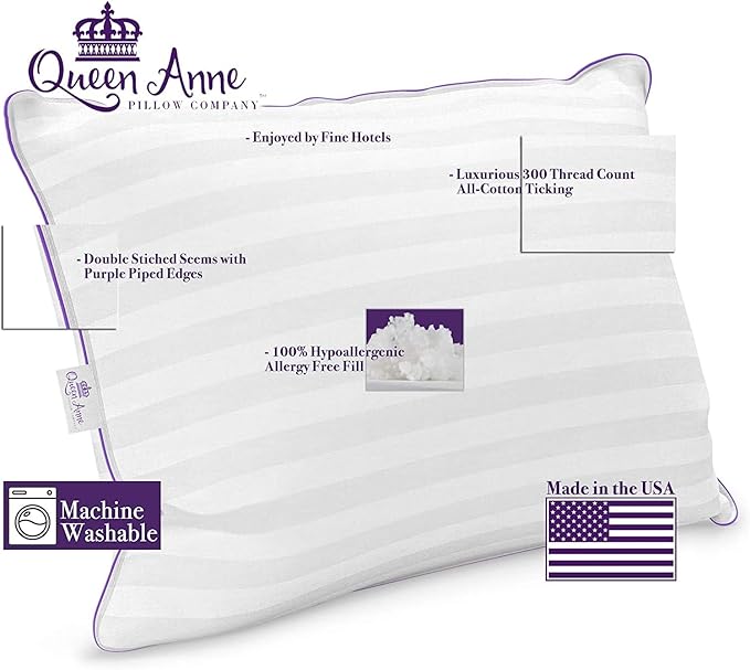 Queen Anne Luxury Hotel Pillows - Two Pack (2) - Majesty Down - Synthetic Down Alternative - Allergy Free Hypoallergenic Bed Pillows - Made in USA (Standard Firm)