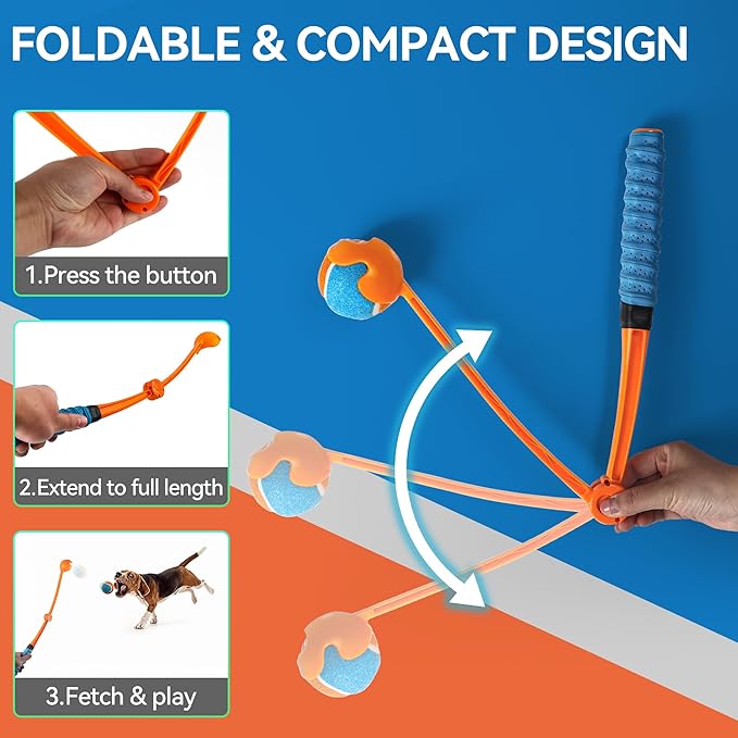 AFP 25“ Dog Ball Launcher, Balls Thrower with Non-Slip Handle, Foldable and Lightweight Dog Fetch Toy, Includes 5 Medium Tennis Ball (2.5'')