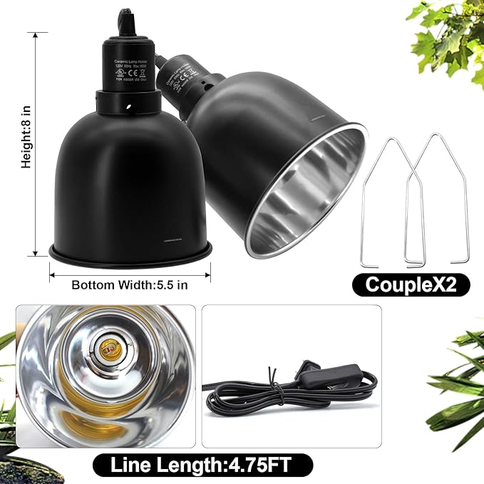 Reptile Light Fixture, 2 Packs 5.5 Inch Deep Dome Lampshade Dimmable, Reptile Heat Lamp Fixture with Separate Switches Fit for UVB Bulb Basking Heat Bulb for Reptile Glass Terrariums