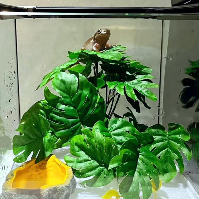 Reptile Plants for Terrarium Decor,Amphibian Habitat Decor,Artificial Plants for Gecko Chameleon Snake Tortoise Tank Accessories with Base (Monstera deliciosa)