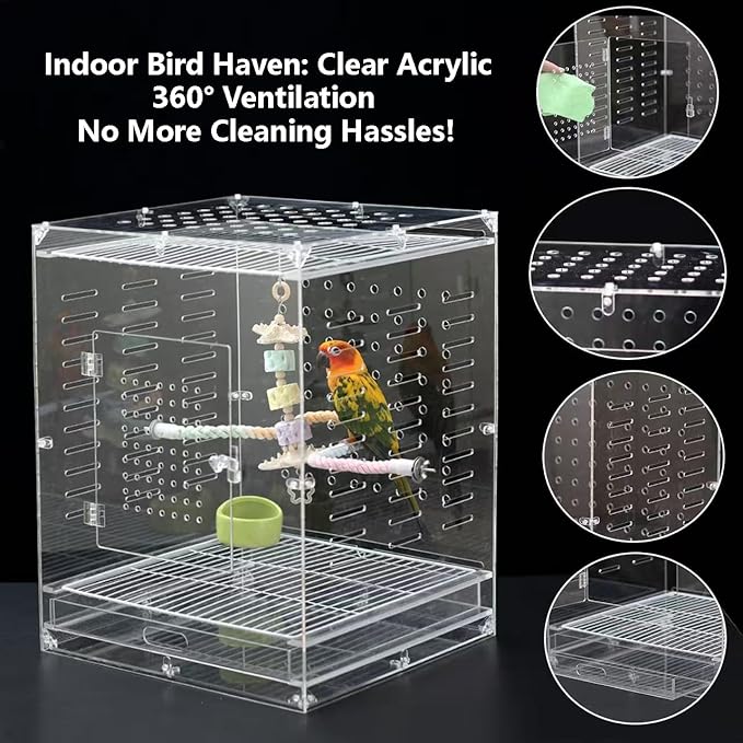 Clear Acrylic Bird Cage for Small Birds, Transparent Display Habitat for Finch, Canary, Parakeet - Easy to Clean & Assemble (14x15x20in)