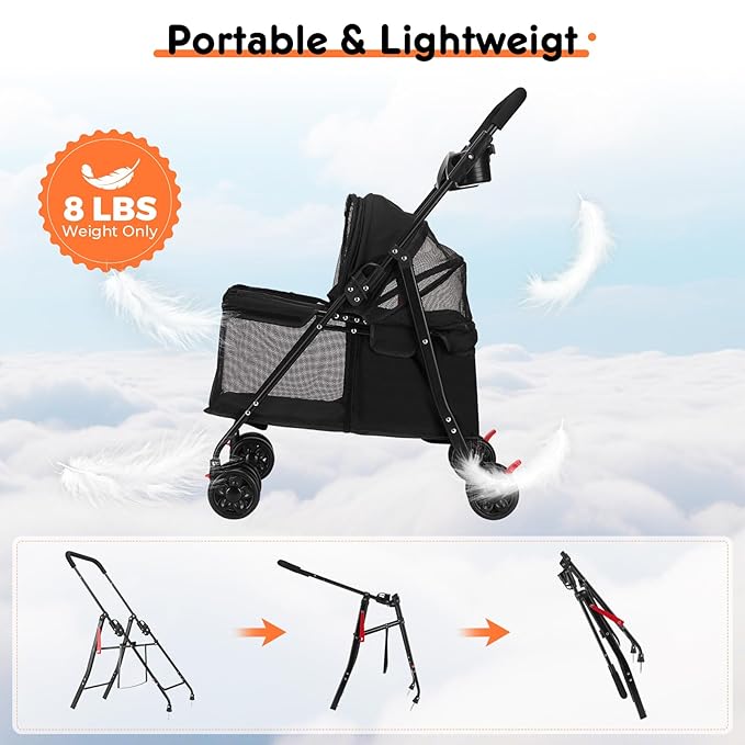 Foldable Pet Stroller for Small/Medium Pets up to 22 lbs - Lightweight 4-Wheel Design with Sun Canopy, Storage Bag & Breathable Mesh