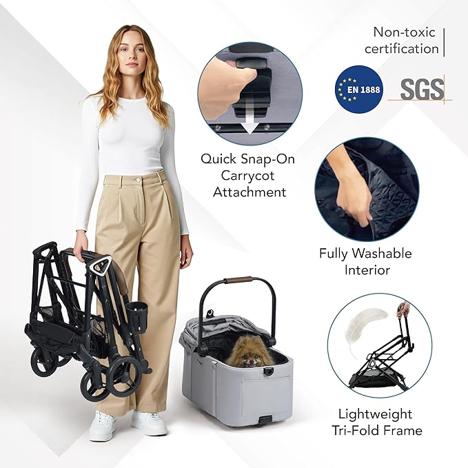 ibiyaya Tinker Pet Stroller for Small Dogs and Cats – 3-in-1 Pet Carrier, Dual-Opening Canopy, No-Flat Wheels, Vegan Leather Handle, Large Storage Basket (Silver Gray)