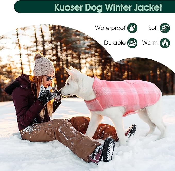 Kuoser Reversible Dog Jacket, Warm Winter Coat for Medium & Large Dogs, Warm Windproof Pet Cold Weather Clothes, Pink XL
