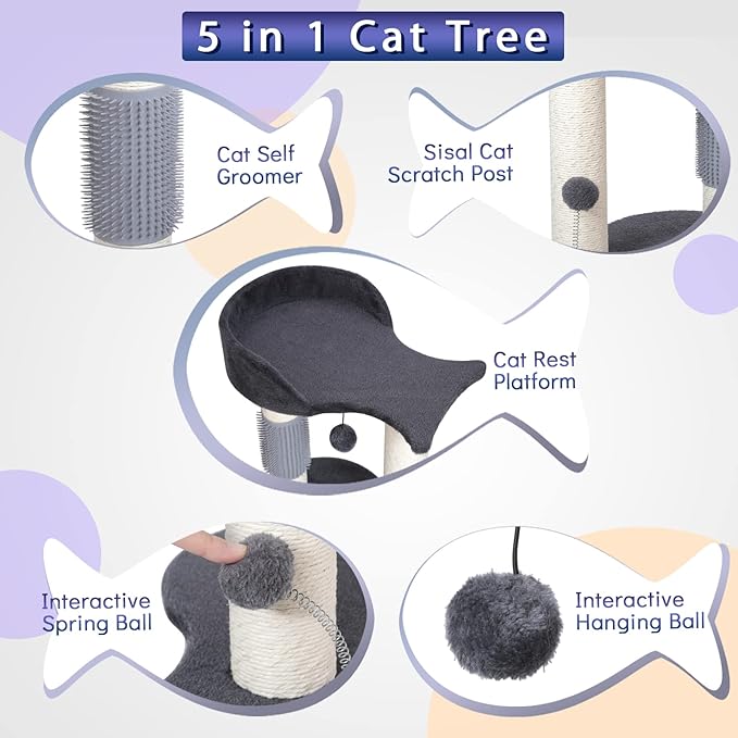 Cat Tree Tower, Multifunction Cat Scratching Post for Indoor Cats Featuring with Fish-Shaped Rest Platform Cat Self Groomer Danging Ball Spring Ball, Grey