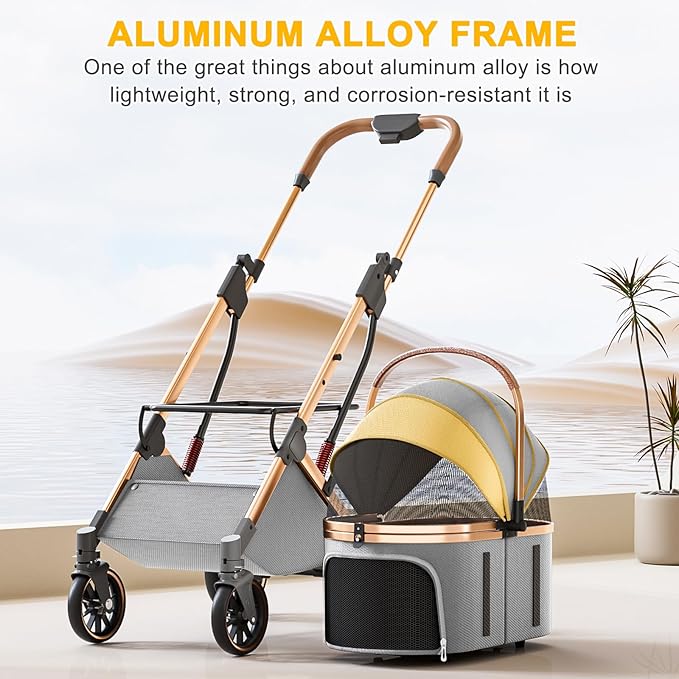 Dog Stroller with 4 Wheels, Folding Pet Stroller for Small, Medium Dogs and Cats up to 50lbs, Detachable Carrier, Storage Basket, Car Seat 3 in 1 Multifunctional (Grey)