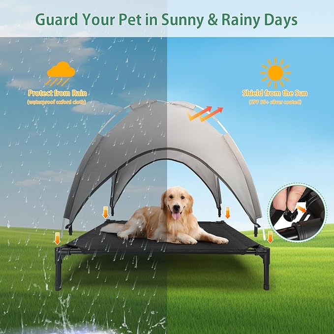 Elevated Outdoor Dog Bed with Canopy, Raised Dog Cot with Shade, Waterproof Dog Tent for Medium Small Dogs Portable Cooling Pet Bed with Breathable Mesh for Camping Beach, L