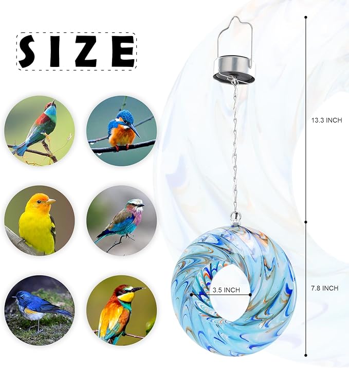 VCUTEKA Bird Feeder Solar Fly Through Bird Feeders for Outside Hanging with Round Shape Glass Container to Attract Wild Birds for Garden Decor, Solar Birdfeeder as Gift for Lovers, Light Blue 8-Inch