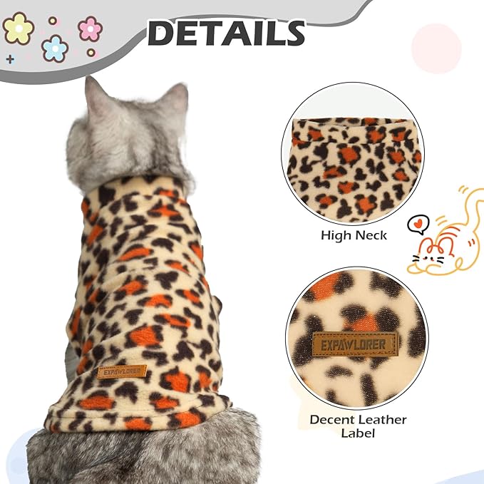 EXPAWLORER Soft Cat Sweater - Leopard Print Sweaters for Cats Only Warm Kitten Clothes, Fall and Winter Pet Coat Pullover Design Feline, Fleece Clothing Also for Puppy Small Dogs, Medium