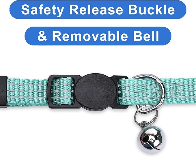 Pawtitas Reflective Cat Collar with Safety Buckle and Removable Bell Cat Collar Kitten Collar Teal Cat Collar One Size