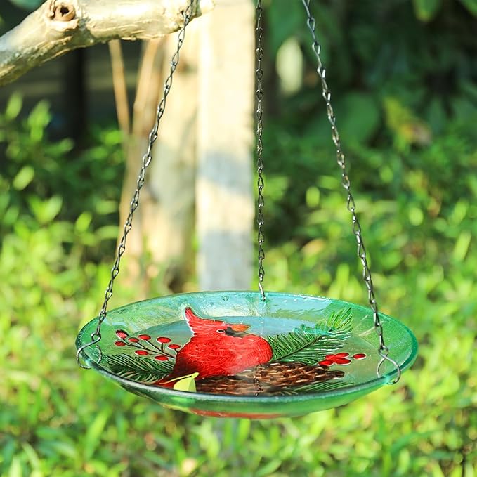 MUMTOP Hanging Bird Baths for Outdoors - Glass Bird Bath, 11 Inch Hanging Bird Bath Cardinal Bird Feeder Bowl for Outside, Garden, Lawn Yard Decor(Green)
