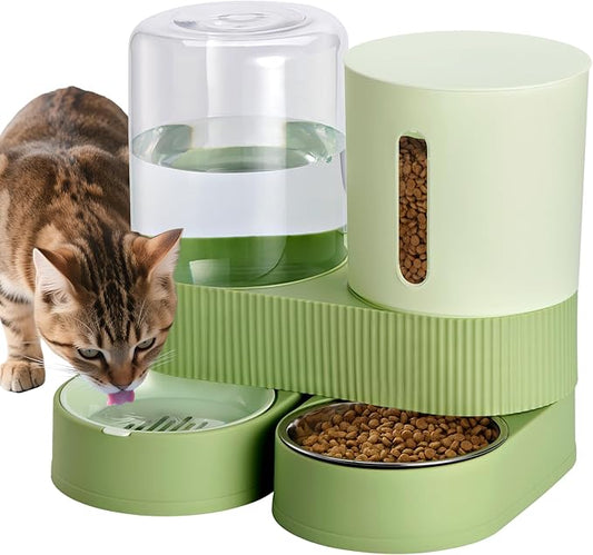 2 Pack Automatic Cat Feeder Stainless Steel Water Dispenser Gravity Food Feeder and Waterer Set with Pet Food Bowl for Small Medium Kitten Puppy Pets Large Capacity(Green)