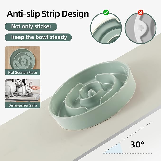 Ceramic Raised Slow Feeder Dog Bowl Set, Elevated 7.3inch Bowl and 8.2inch Puzzle Slow Dish with Wooden Stand for Medium and Large Dog, Anti-Gulping (2X Light Green+ Stand)