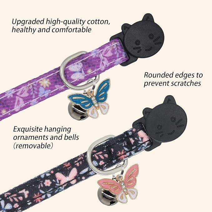 Cat Collar Breakaway, 2 Pack Cotton Cats Collars with Bells, Cute Butterfly Shaped for Girl Boy Kittens, Purple and Black