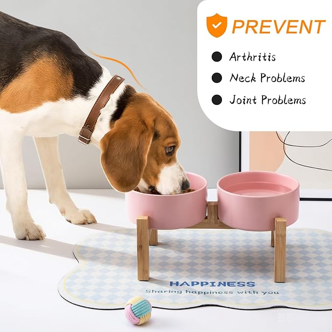 Raised Ceramic Dog Bowl Set - Elevated Dog Bowls with Non Slip Bamboo Stand, Food and Water Bowl Set for Small and Medium Breed Dogs, Pet Bowls, Weighted Dogs Dishes (6'', 2 * 30OZ, Pink)