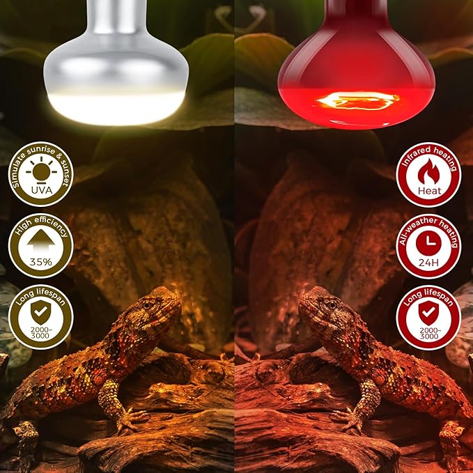 Reptile Heat Lamp Bulb 75W, 2-in-1 Day & Night Combo, Infrared Heat Lamp & UVA Sunlight Heating Lamp for Reptile Terrariums