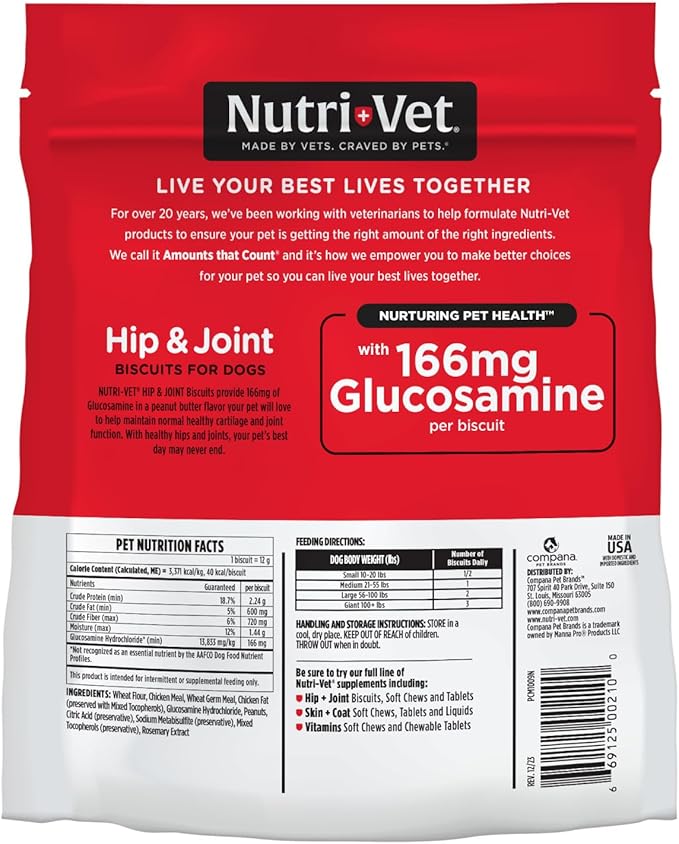 Nutri-Vet Hip & Joint Biscuits for Dogs, Dog Hip & Joint Supplement, Functional Treat, Small Sized Biscuit, 166mg Glucosamine, 16 oz Bag (Pack of 2)