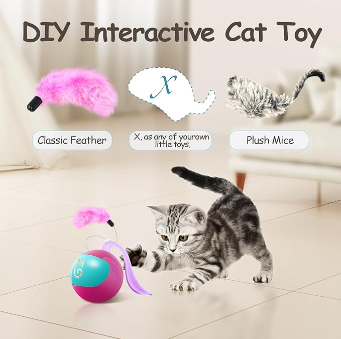 Migipaws Interactive Cat Ball Toy Set, Fun Tracker, Automatic Rolling Chase Ball with Fluffy Tail, A Small Mice, Rechargeable (Rose)