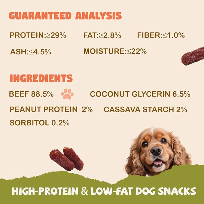 Soft Beef Sausage Dog Treats, Slow Roasted Beef Jerky for Dogs High Protein Low Fat, Grain-Free Gluten-Free Training Rewards Treats for Small Medium Large Dogs,10.58 oz