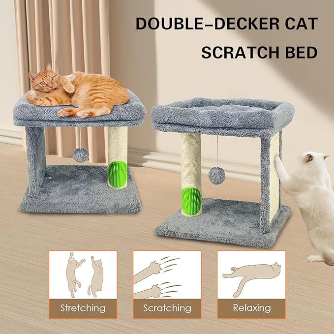 Cat Scratching Post Small Cat Tree with Cat Self Groomer, 17.3x13.4” Wide Top Bed, Natural Scratch Post and Danging Ball Great for Kittens and Average Indoor Cats-Grey
