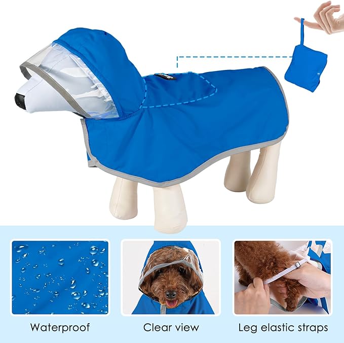 Lukovee Dog Raincoat, Adjustable Dog Rain Jacket with Clear Hooded Double Layer for Large Medium Small Dogs Puppies, Waterproof Rain Coat Poncho with Reflective Storage Pocket & Rim (Blue, XXXL)